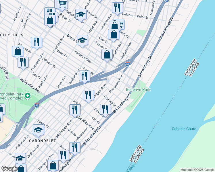 map of restaurants, bars, coffee shops, grocery stores, and more near 5810 Michigan Avenue in St. Louis