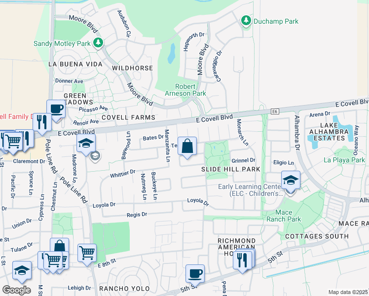 map of restaurants, bars, coffee shops, grocery stores, and more near 2630 Temple Drive in Davis