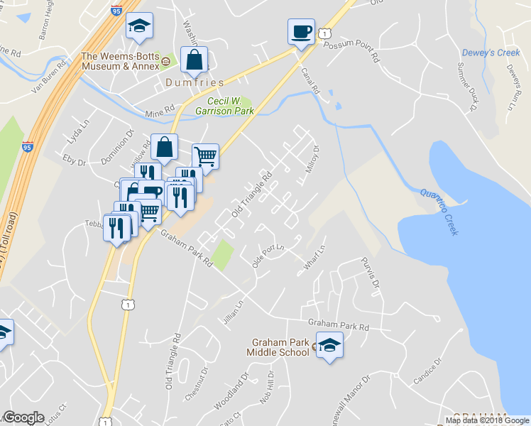 map of restaurants, bars, coffee shops, grocery stores, and more near 1824 Fort Pulaski Court in Dumfries