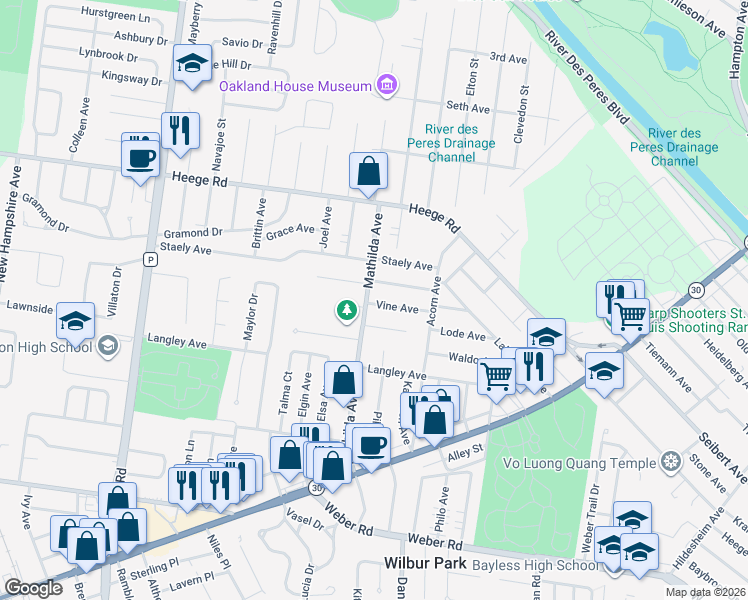 map of restaurants, bars, coffee shops, grocery stores, and more near 5360 Willard Avenue in Affton