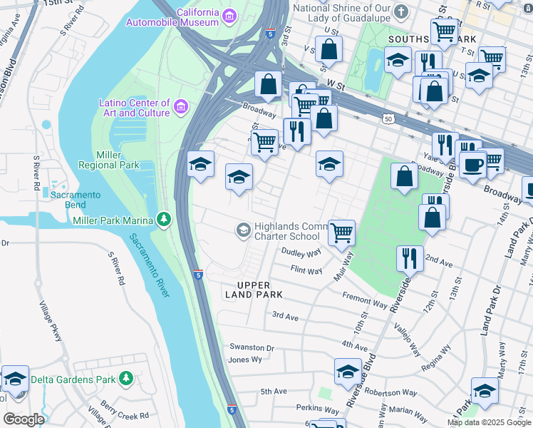 map of restaurants, bars, coffee shops, grocery stores, and more near 2665 Cleat Lane in Sacramento