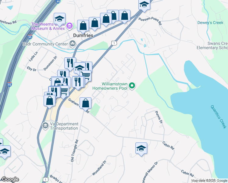 map of restaurants, bars, coffee shops, grocery stores, and more near 1824 Fort Pulaski Court in Dumfries