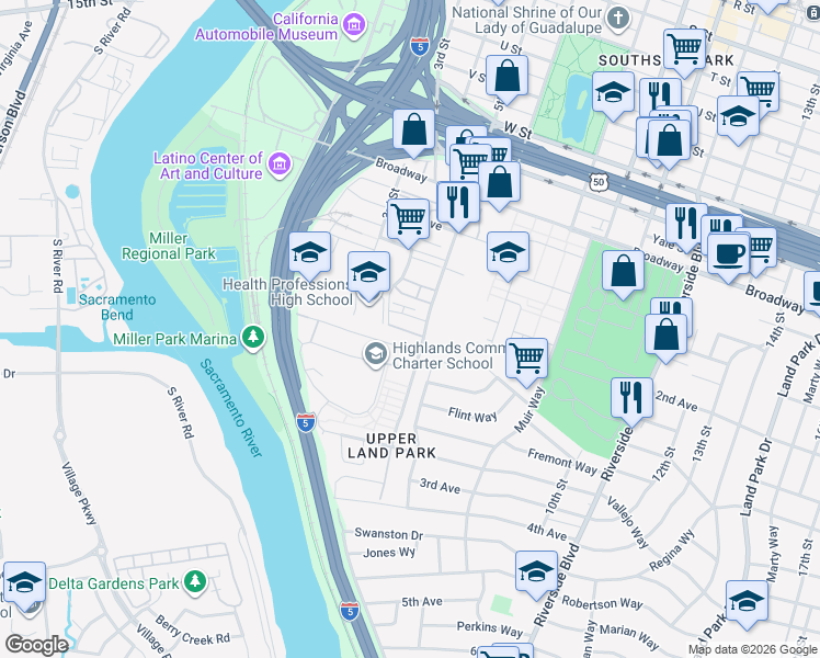 map of restaurants, bars, coffee shops, grocery stores, and more near 476 Tailoff Lane in Sacramento