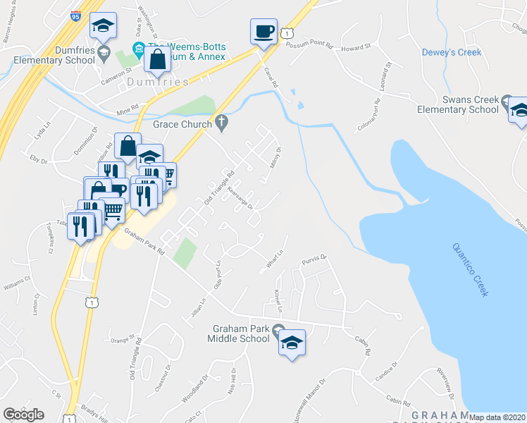 map of restaurants, bars, coffee shops, grocery stores, and more near 1987 Fort Monroe Court in Dumfries