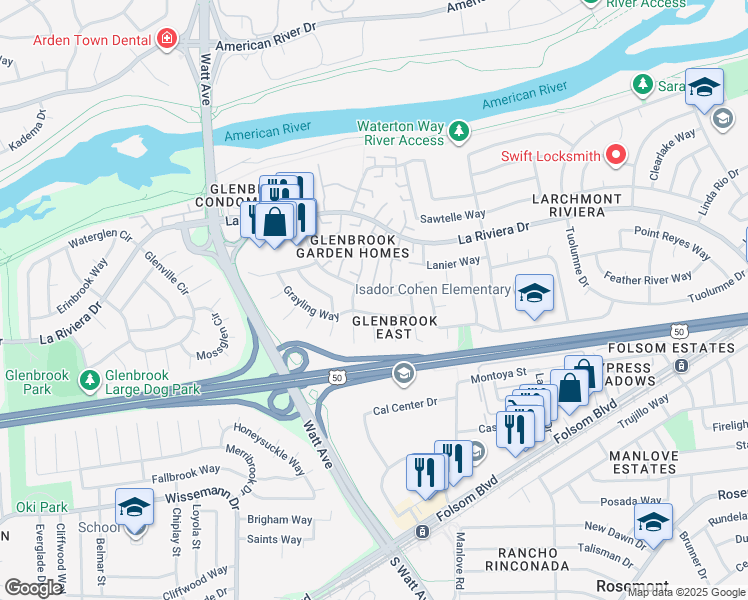 map of restaurants, bars, coffee shops, grocery stores, and more near 8888 Salmon Falls Drive in Sacramento