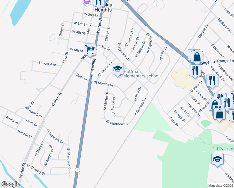 map of restaurants, bars, coffee shops, grocery stores, and more near 802 Saint Monica Drive in Cahokia