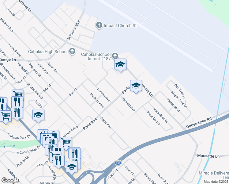 map of restaurants, bars, coffee shops, grocery stores, and more near 1728 Harvest Avenue in Cahokia
