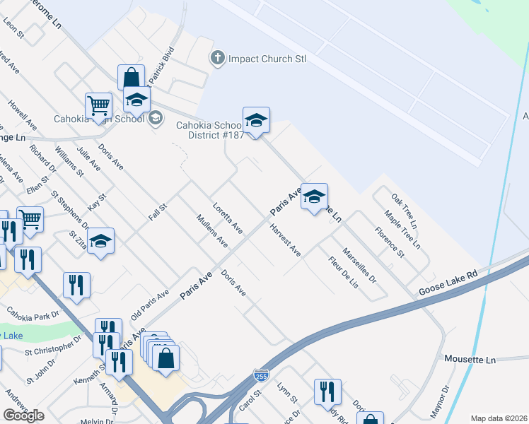 map of restaurants, bars, coffee shops, grocery stores, and more near 1737 Harvest Avenue in Cahokia