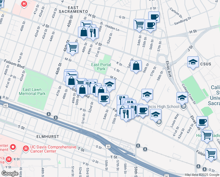 map of restaurants, bars, coffee shops, grocery stores, and more near 5351 M Street in Sacramento
