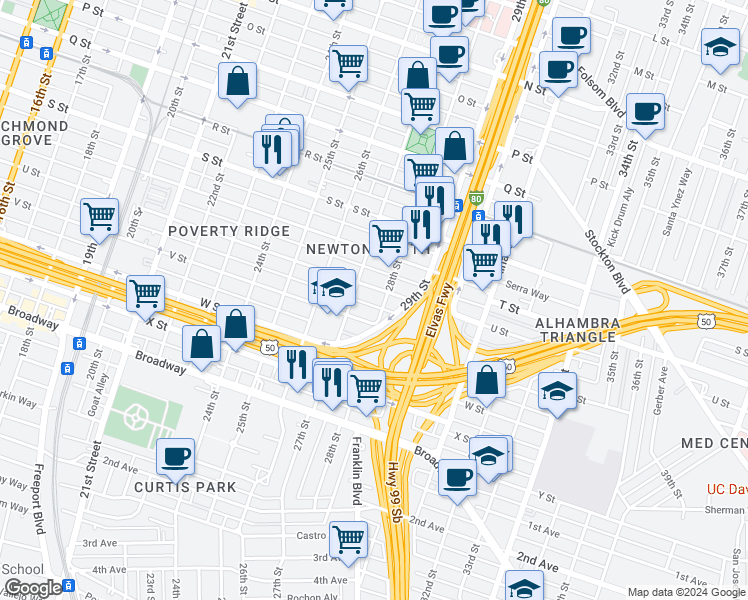 map of restaurants, bars, coffee shops, grocery stores, and more near 2026 28th Street in Sacramento