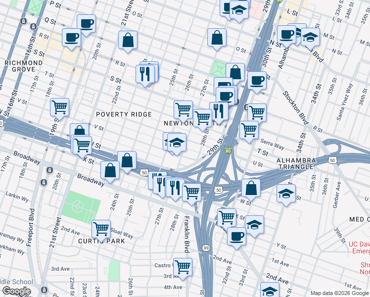 map of restaurants, bars, coffee shops, grocery stores, and more near 2100 27th Street in Sacramento