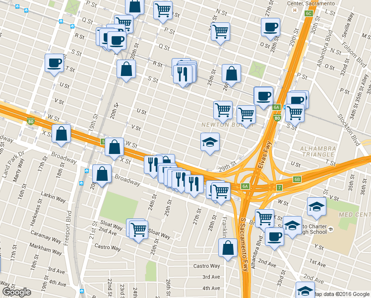 map of restaurants, bars, coffee shops, grocery stores, and more near 2431 V Street in Sacramento