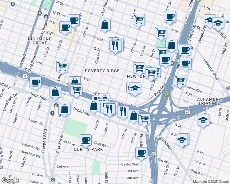map of restaurants, bars, coffee shops, grocery stores, and more near 2431 V Street in Sacramento
