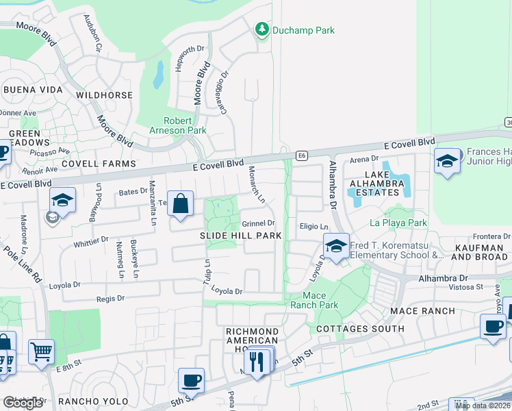 map of restaurants, bars, coffee shops, grocery stores, and more near 1619 Monarch Lane in Davis