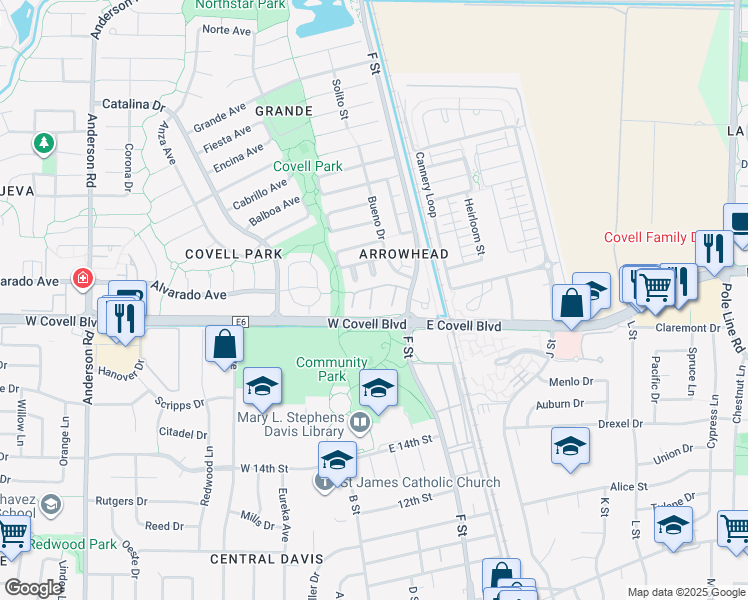 map of restaurants, bars, coffee shops, grocery stores, and more near 2033 F Street in Davis