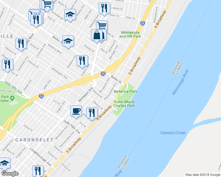 map of restaurants, bars, coffee shops, grocery stores, and more near 226 Bellerive Boulevard in St. Louis