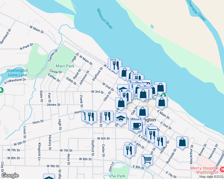 map of restaurants, bars, coffee shops, grocery stores, and more near West 2nd Street in Washington