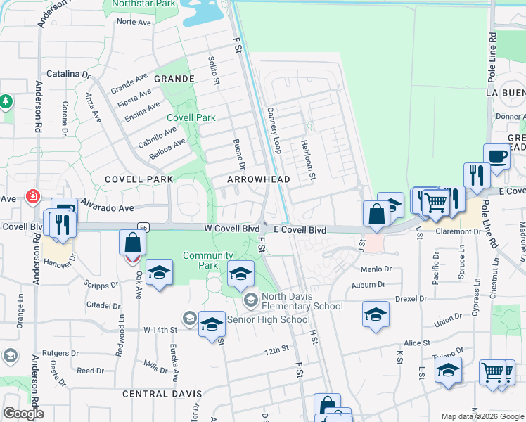 map of restaurants, bars, coffee shops, grocery stores, and more near 2030 F Street in Davis