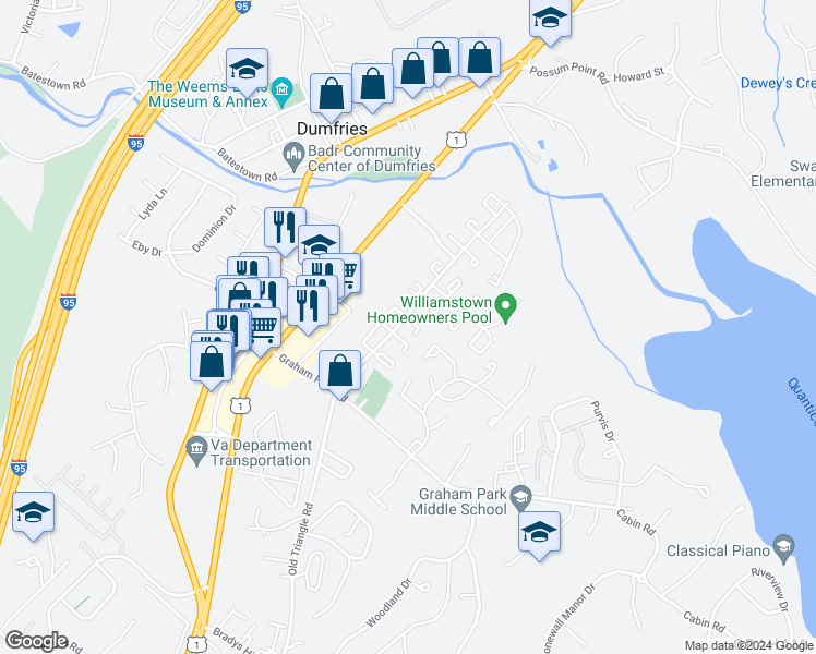 map of restaurants, bars, coffee shops, grocery stores, and more near 3005 Sigel Court in Dumfries