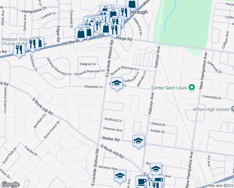 map of restaurants, bars, coffee shops, grocery stores, and more near 8348 South Laclede Station Road in Affton