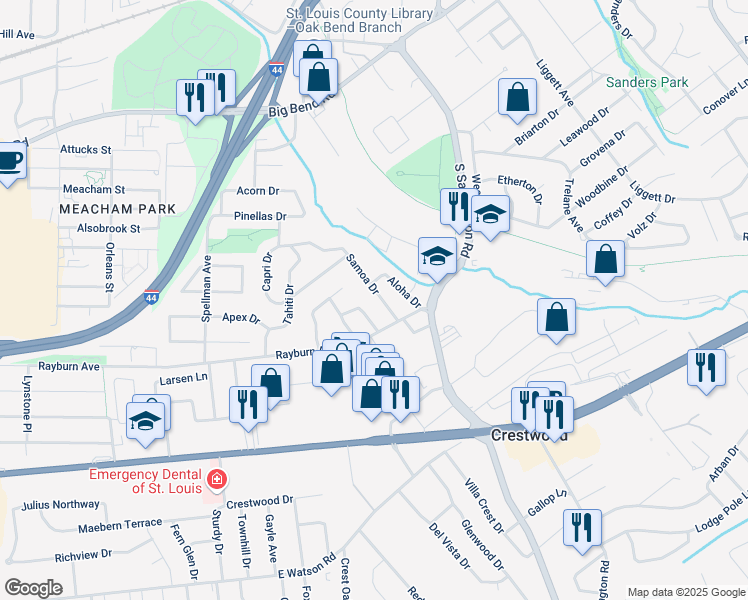 map of restaurants, bars, coffee shops, grocery stores, and more near 1343 Samoa Drive in St. Louis