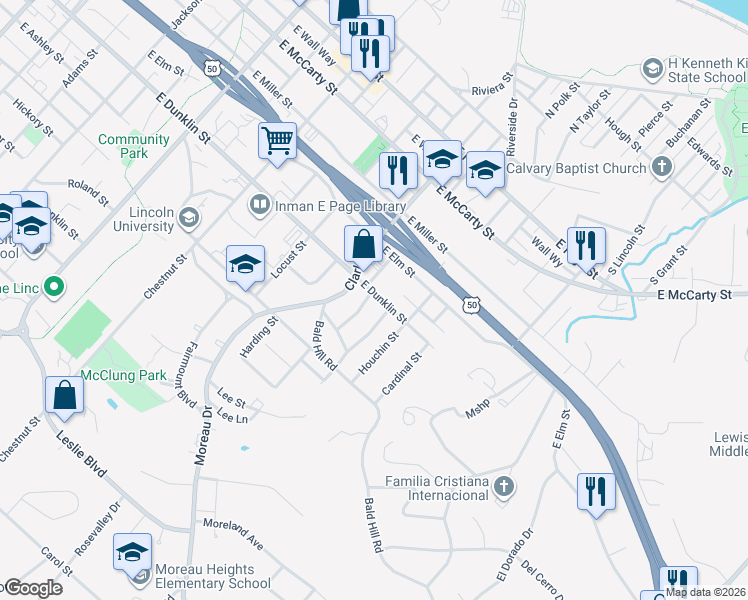 map of restaurants, bars, coffee shops, grocery stores, and more near 1209 East Dunklin Street in Jefferson City