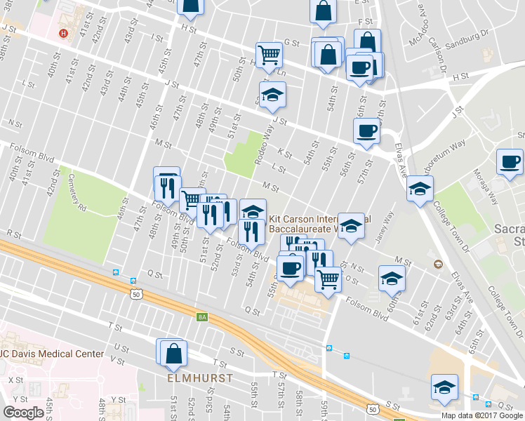 map of restaurants, bars, coffee shops, grocery stores, and more near 5301 N Street in Sacramento