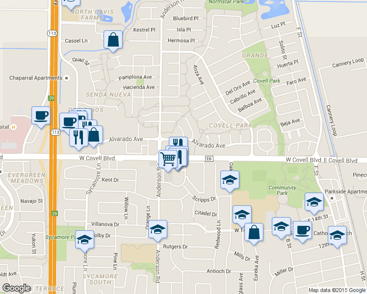 map of restaurants, bars, coffee shops, grocery stores, and more near 644 Alvarado Avenue in Davis