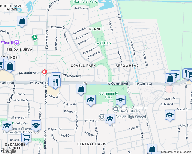 map of restaurants, bars, coffee shops, grocery stores, and more near 501 Alvarado Avenue in Davis