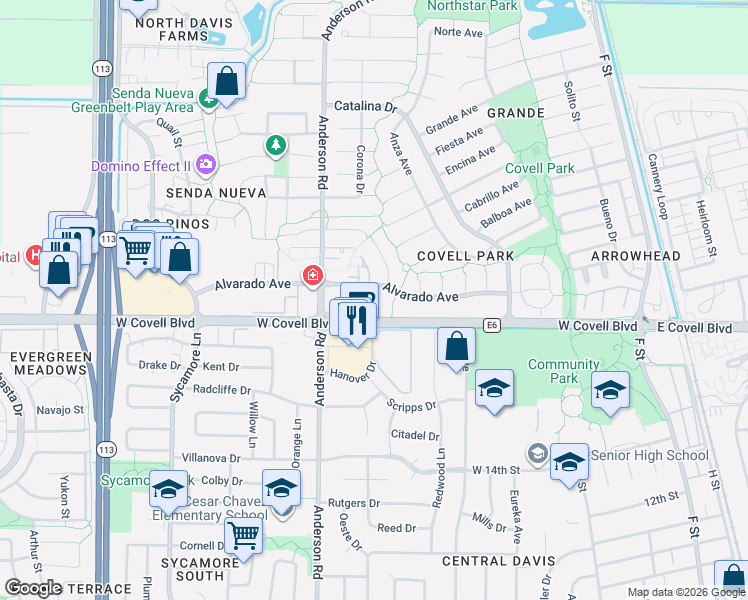 map of restaurants, bars, coffee shops, grocery stores, and more near 644 Alvarado Avenue in Davis
