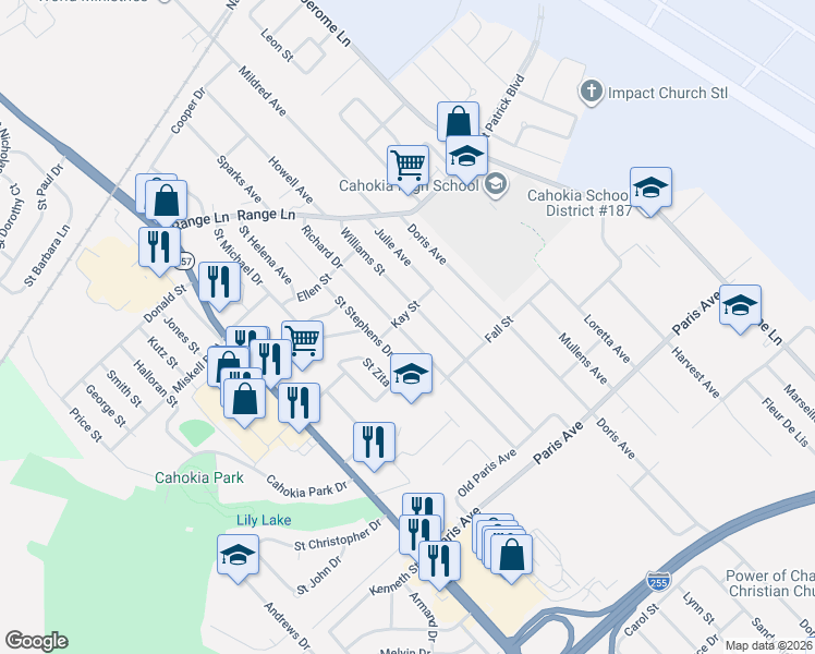 map of restaurants, bars, coffee shops, grocery stores, and more near 1225 Richard Drive in Cahokia