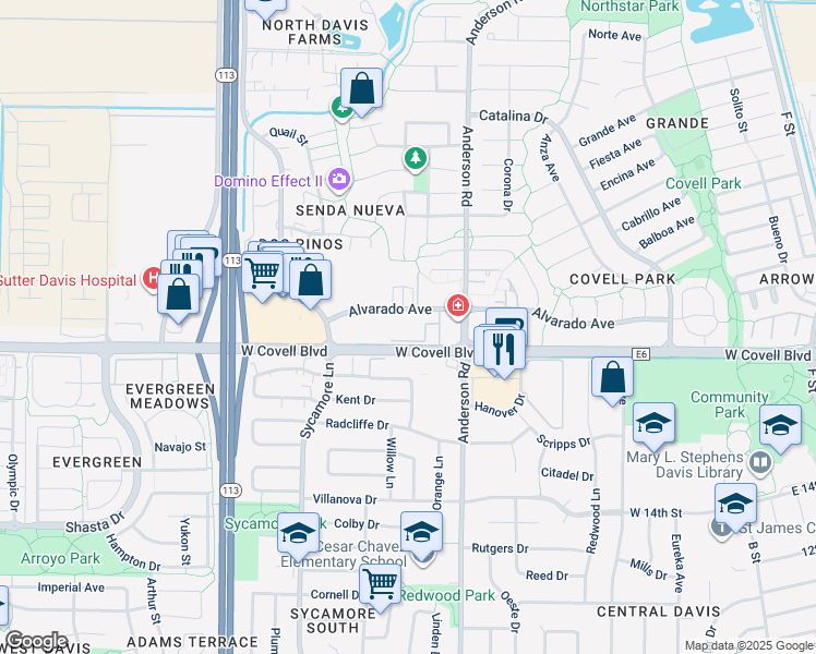 map of restaurants, bars, coffee shops, grocery stores, and more near 880 Alvarado Avenue in Davis
