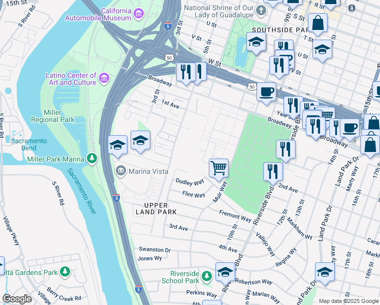 map of restaurants, bars, coffee shops, grocery stores, and more near 2681 5th Street in Sacramento