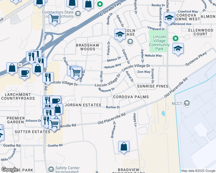 map of restaurants, bars, coffee shops, grocery stores, and more near 3435 Virgo Street in Sacramento