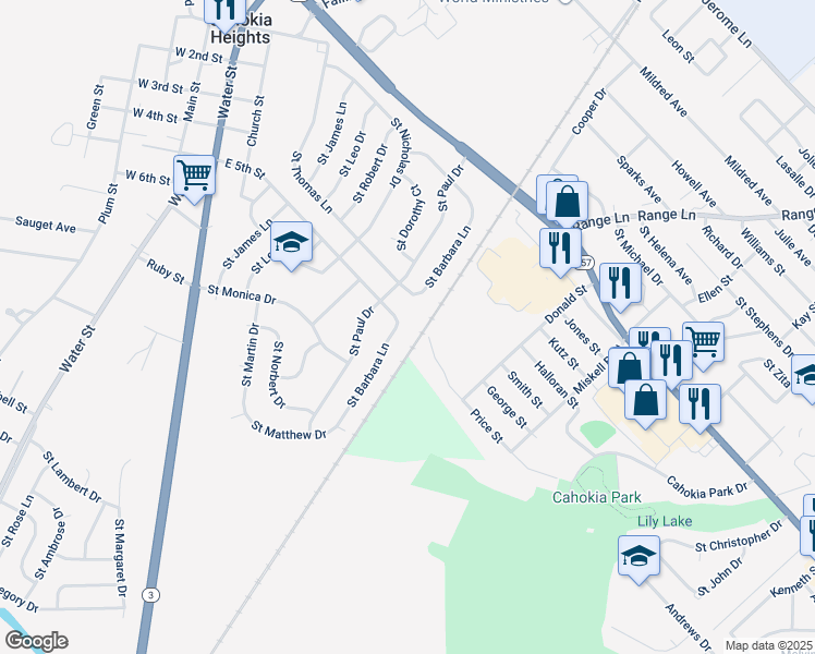 map of restaurants, bars, coffee shops, grocery stores, and more near 908 Saint Thomas Lane in Cahokia