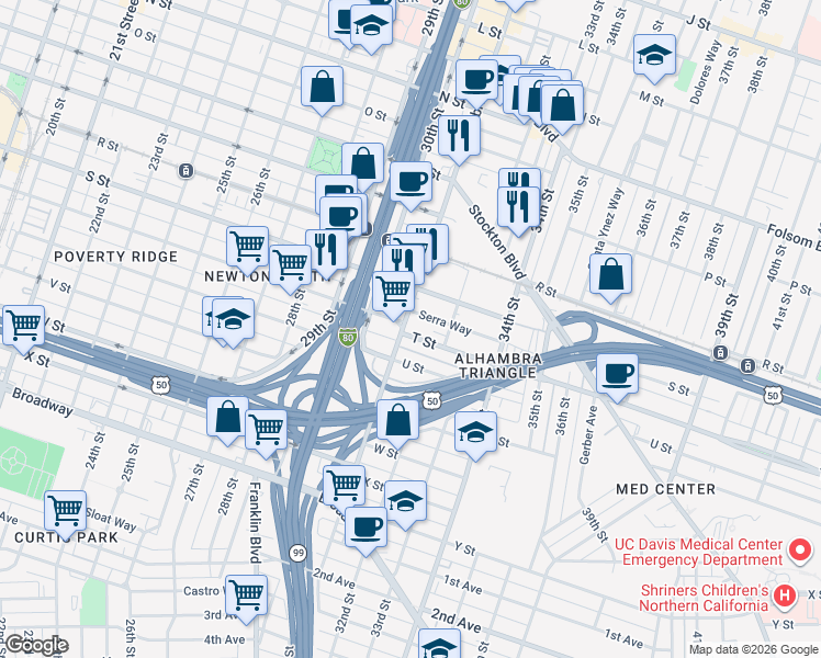 map of restaurants, bars, coffee shops, grocery stores, and more near 1930 Alhambra Boulevard in Sacramento
