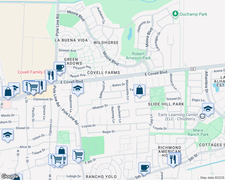 map of restaurants, bars, coffee shops, grocery stores, and more near 1715 Bates Drive in Davis