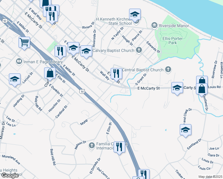 map of restaurants, bars, coffee shops, grocery stores, and more near 1502 East High Street in Jefferson City