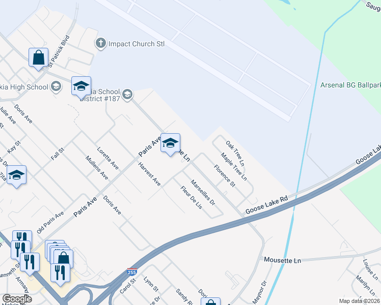 map of restaurants, bars, coffee shops, grocery stores, and more near 1825 Jerome Lane in Cahokia