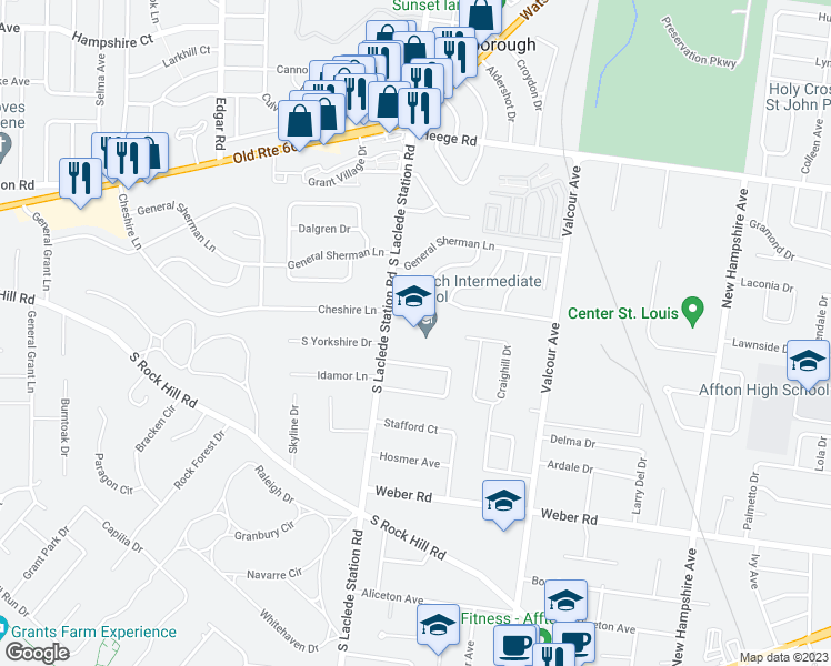 map of restaurants, bars, coffee shops, grocery stores, and more near 8348 South Laclede Station Road in Affton