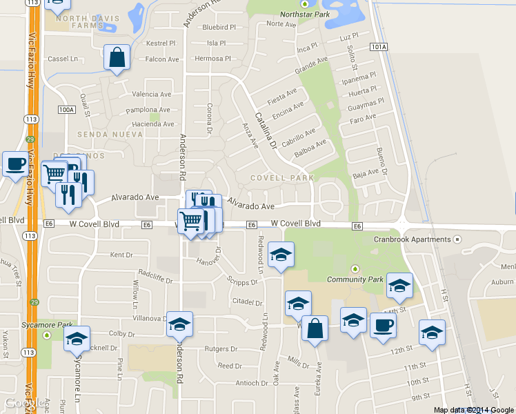 map of restaurants, bars, coffee shops, grocery stores, and more near 2107 Del Rey Court in Davis