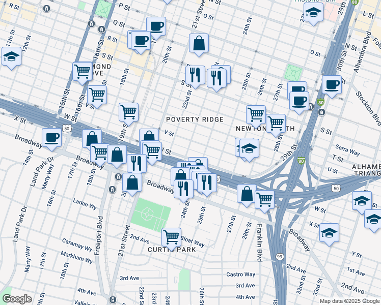 map of restaurants, bars, coffee shops, grocery stores, and more near 2221 23rd Street in Sacramento