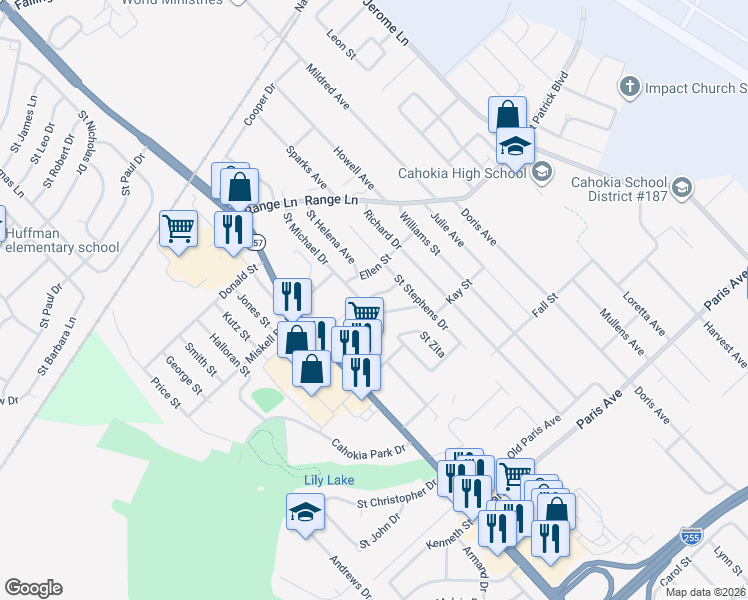 map of restaurants, bars, coffee shops, grocery stores, and more near 309 Saint Leonard Drive in Cahokia