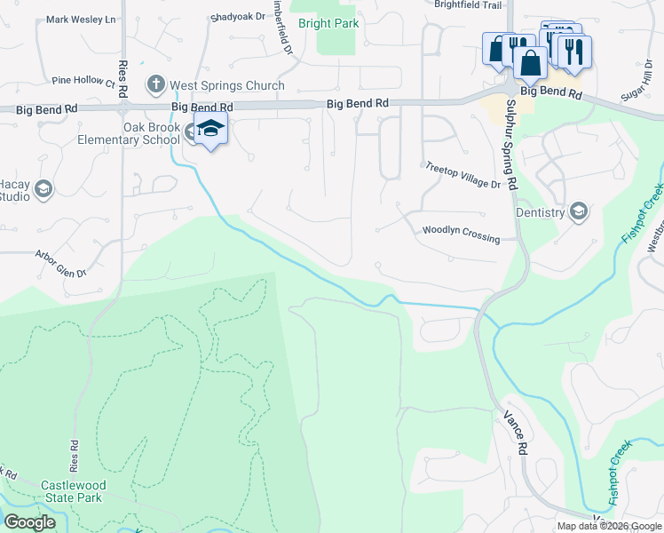 map of restaurants, bars, coffee shops, grocery stores, and more near 1365 Red Oak Plantation Drive in Ballwin