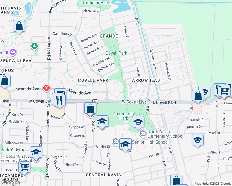 map of restaurants, bars, coffee shops, grocery stores, and more near 412 Alvarado Avenue in Davis