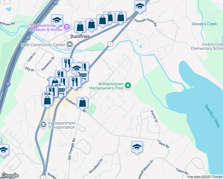 map of restaurants, bars, coffee shops, grocery stores, and more near 1816 Fort Pulaski Court in Dumfries