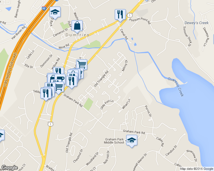 map of restaurants, bars, coffee shops, grocery stores, and more near 1816 Fort Pulaski Court in Dumfries
