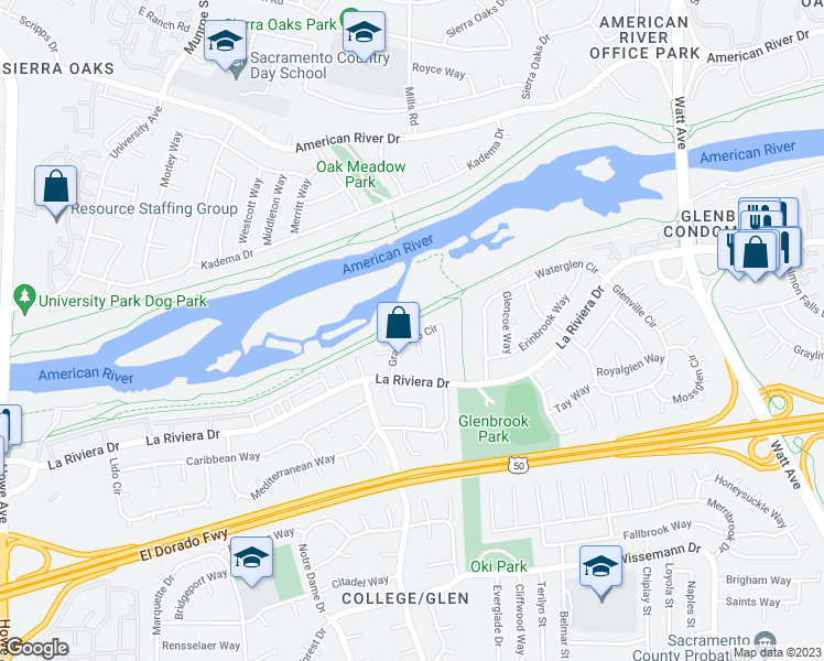 map of restaurants, bars, coffee shops, grocery stores, and more near 61 Grand Rio Circle in Sacramento