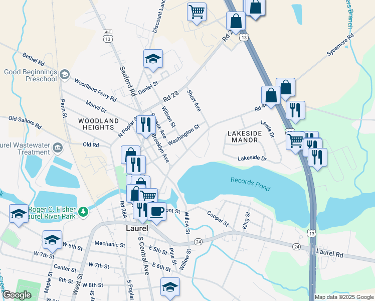 map of restaurants, bars, coffee shops, grocery stores, and more near Delaware Avenue in Laurel