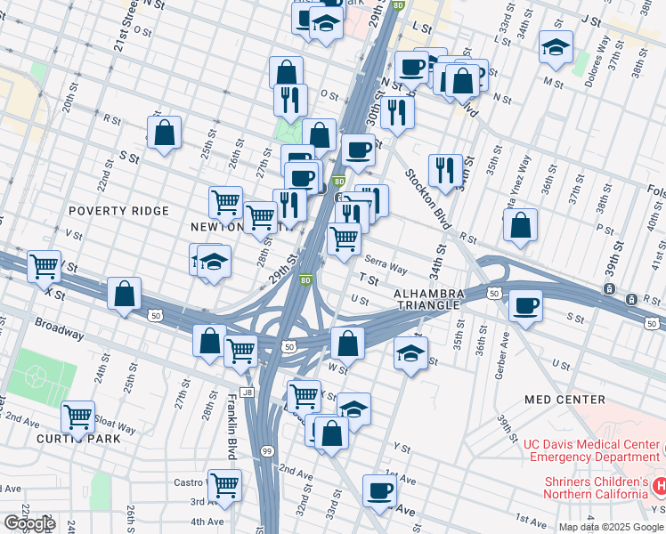map of restaurants, bars, coffee shops, grocery stores, and more near 3005 T Street in Sacramento